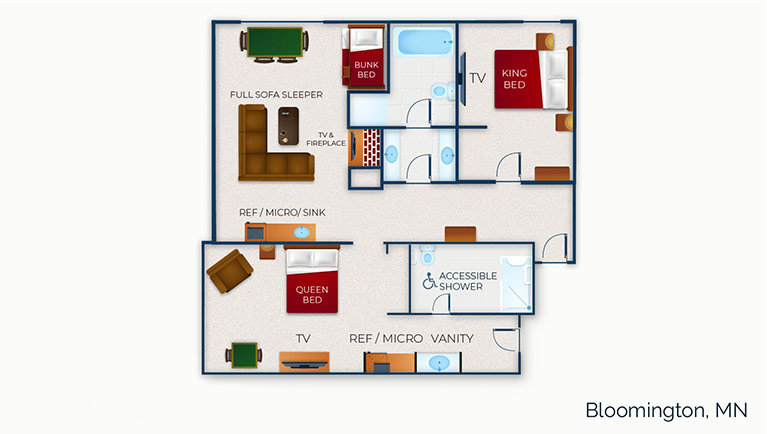The floor plan for the accessible Northwoods Suite (Accessible Shower)